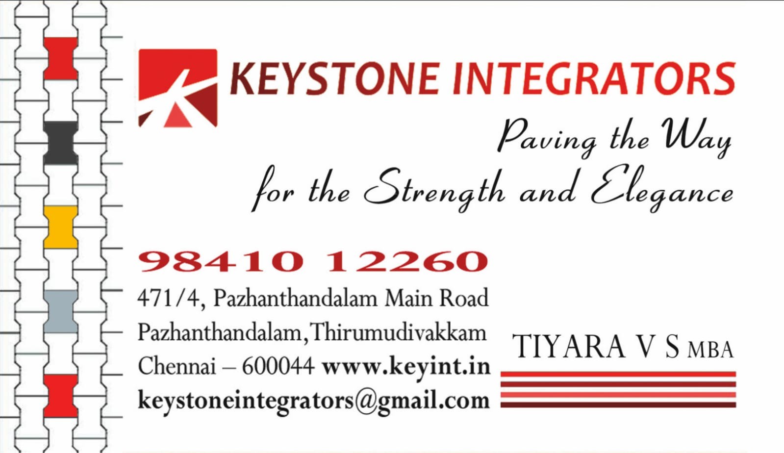 Keystone Integrators official business card with company details and interlocking paver block pattern